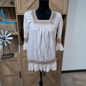 NAOO Nation AK Outfits Tunic White Gold Dots Crochet Detail Sheer Boho Fairy